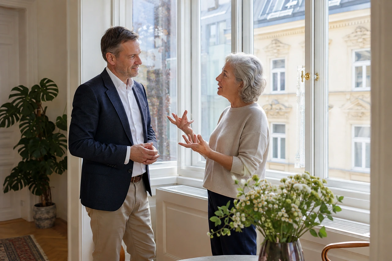 Symbolisches Gespräch zwischen einem Interessenten und einer Eigentümerin am Erkerfenster